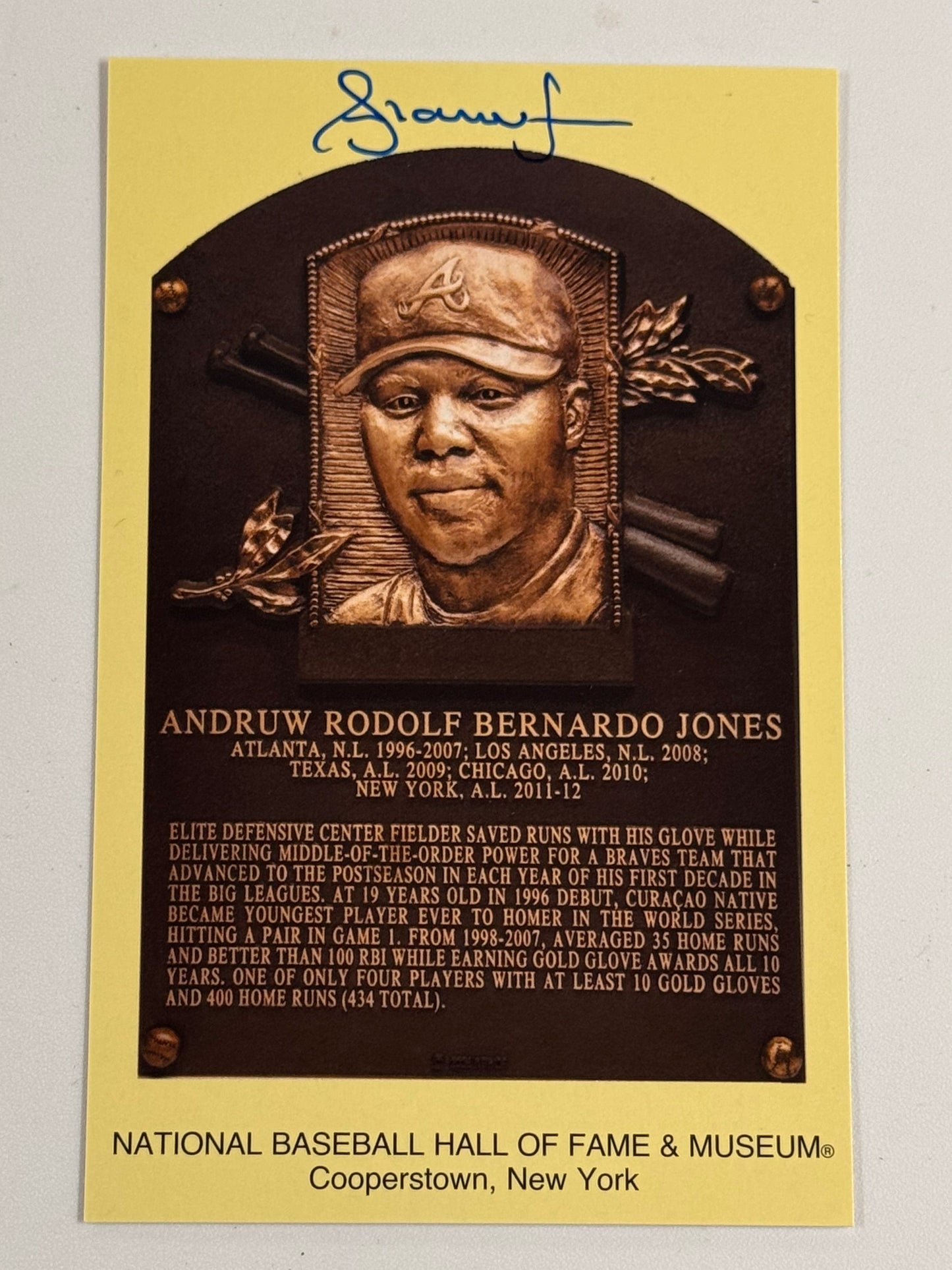 ANDRUW JONES signed 2026 Hall Of Fame Induction Plaque Postcard w/ Beckett witness COA