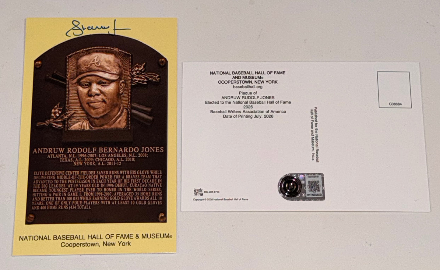 ANDRUW JONES signed 2026 Hall Of Fame Induction Plaque Postcard w/ Beckett witness COA